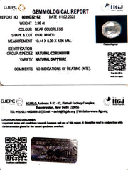 3.99/CT Natural White Sapphire with Govt Lab Certificate